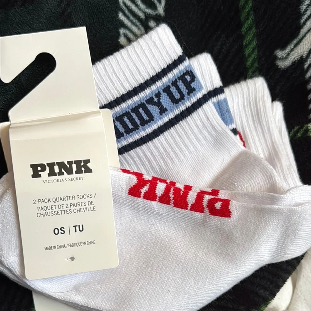 PINK Victoria's Secret White 2 pk Crew Socks GIDDY UP & Cowgirl Boots!